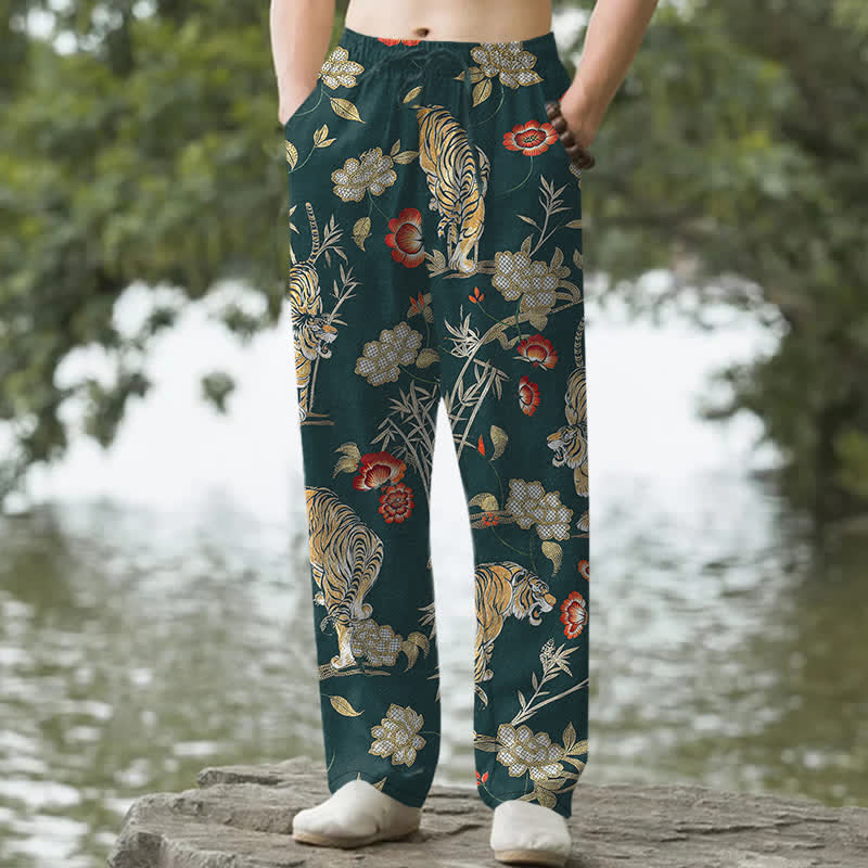 Buddha Stones Pantalones de hombre de algodón con estampado floral de bambú y diseño de tigre, corte ajustado y bolsillos. - Verde azulado - US/UK/AU50, EU60 (5XL) - image 4