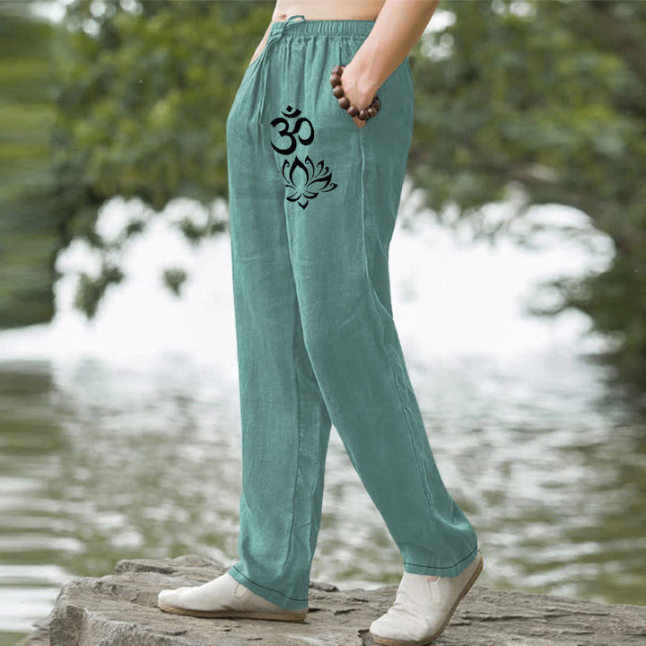 Buddha Stones Pantalones de hombre de algodón con estampado Om de loto, corte ajustado y bolsillos. - image 7