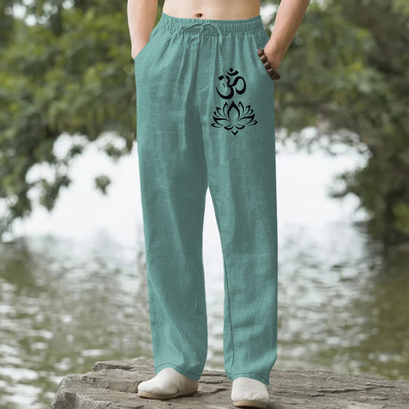 Buddha Stones Pantalones de hombre de algodón con estampado Om de loto, corte ajustado y bolsillos. - Turquesa medio - US/UK/AU50, EU60 (5XL) - image 6