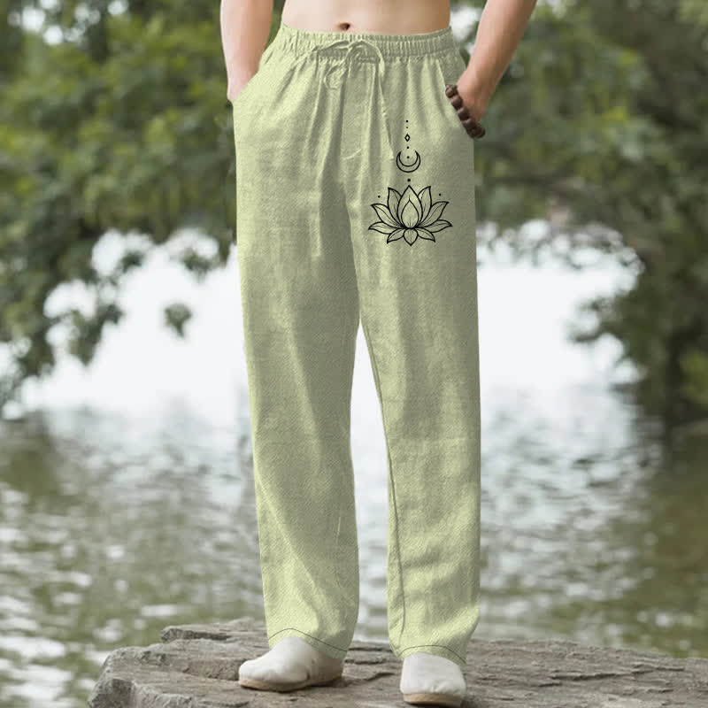 Buddha Stones Pantalones de hombre de algodón con estampado de loto y luna, corte ajustado y bolsillos. - Verde claro - US/UK/AU50, EU60 (5XL) - image 4