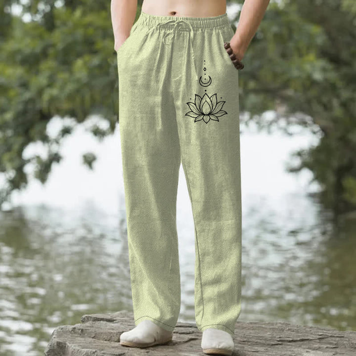 Buddha Stones Pantalones de hombre de algodón con estampado de loto y luna, corte ajustado y bolsillos. - Verde claro - US/UK/AU50, EU60 (5XL) - image 4