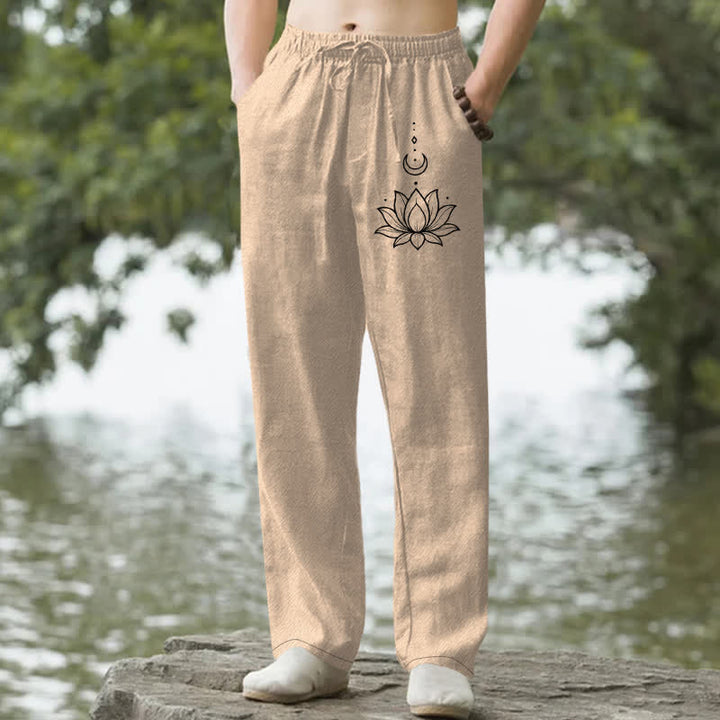 Buddha Stones Pantalones de hombre de algodón con estampado de loto y luna, corte ajustado y bolsillos. - BurlyWood - US/UK/AU50, EU60 (5XL) - image 6