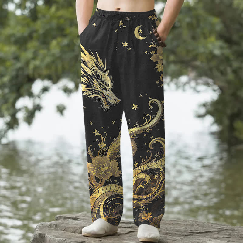 Buddha Stones Pantalones de hombre de algodón con estampado de nube y dragón dorado, corte ajustado y bolsillos. - Negro - US/UK/AU50, EU60 (5XL) - image 0