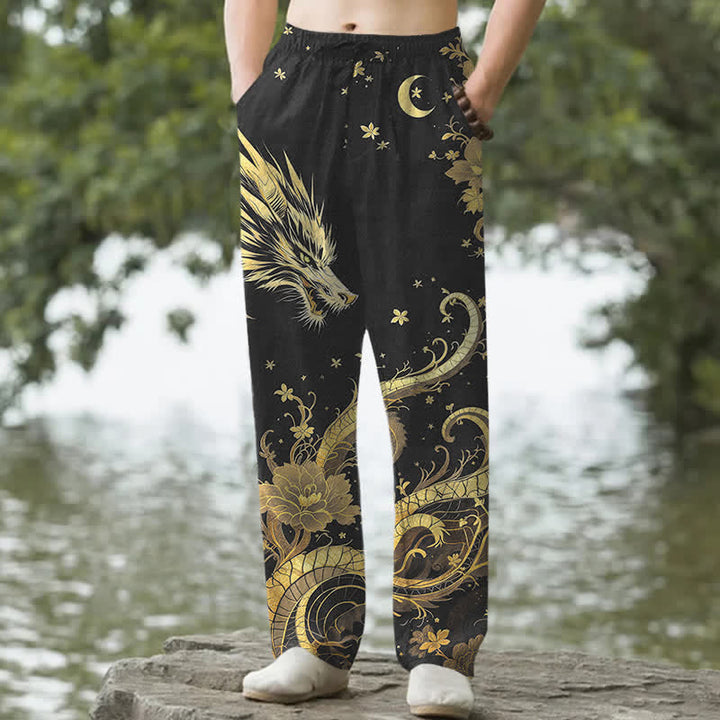 Buddha Stones Pantalones de hombre de algodón con estampado de nube y dragón dorado, corte ajustado y bolsillos. - Negro - US/UK/AU50, EU60 (5XL) - image 0