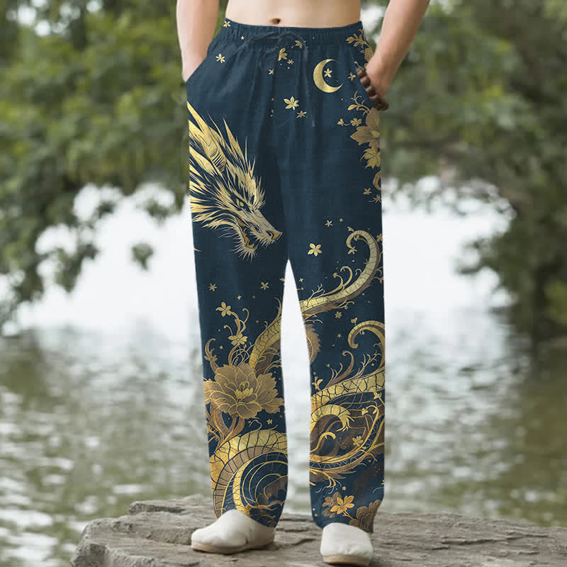 Buddha Stones Pantalones de hombre de algodón con estampado de nube y dragón dorado, corte ajustado y bolsillos. - Marina de guerra - US/UK/AU50, EU60 (5XL) - image 4