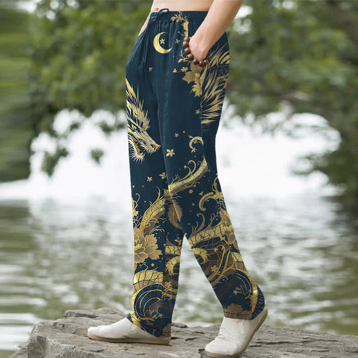 Buddha Stones Pantalones de hombre de algodón con estampado de nube y dragón dorado, corte ajustado y bolsillos. - image 5