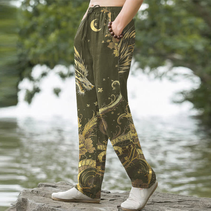 Buddha Stones Pantalones de hombre de algodón con estampado de nube y dragón dorado, corte ajustado y bolsillos. - image 7