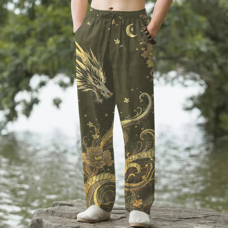 Buddha Stones Pantalones de hombre de algodón con estampado de nube y dragón dorado, corte ajustado y bolsillos. - Verde oliva oscuro - US/UK/AU50, EU60 (5XL) - image 6