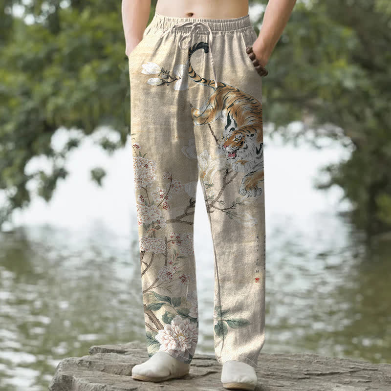 Buddha Stones Pantalones de hombre de algodón con estampado floral de tigre vintage, corte cónico y bolsillos. - Beige - US/UK/AU50, EU60 (5XL) - image 0