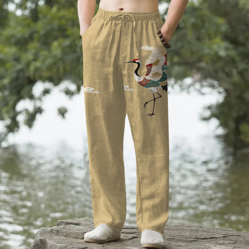 Buddha Stones Pantalones de hombre de algodón blanco con estampado de grullas y olas, corte cónico y bolsillos. - Broncearse - US/UK/AU50, EU60 (5XL) - image 4