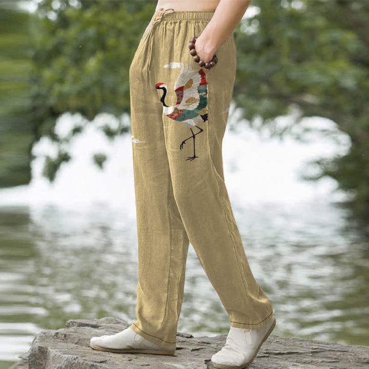 Buddha Stones Pantalones de hombre de algodón blanco con estampado de grullas y olas, corte cónico y bolsillos. - image 5