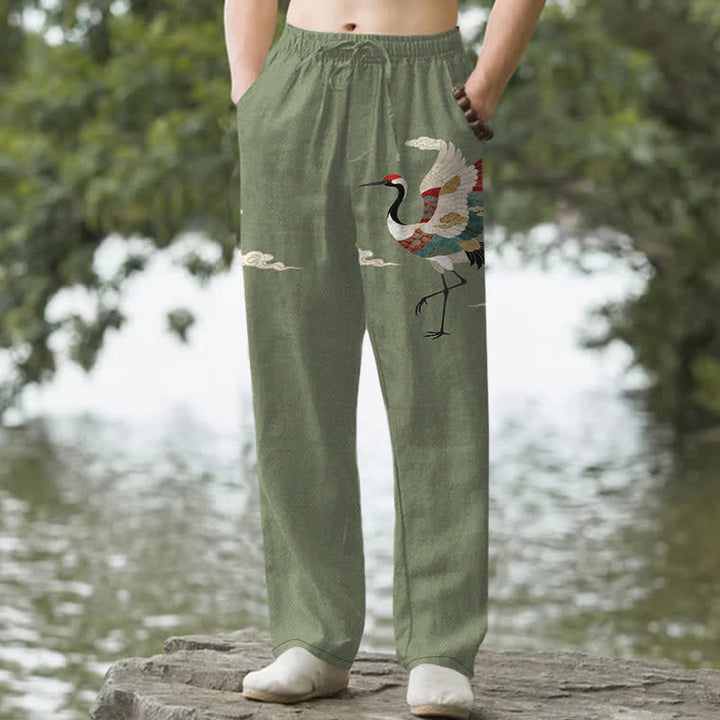 Buddha Stones Pantalones de hombre de algodón blanco con estampado de grullas y olas, corte cónico y bolsillos. - Verde oliva - US/UK/AU50, EU60 (5XL) - image 6