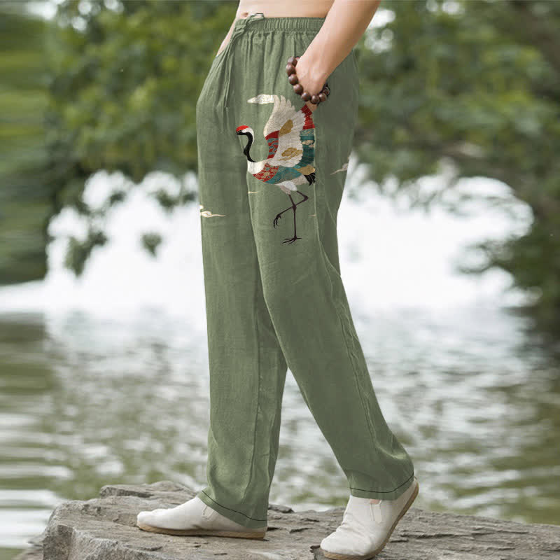 Buddha Stones Pantalones de hombre de algodón blanco con estampado de grullas y olas, corte cónico y bolsillos. - image 7
