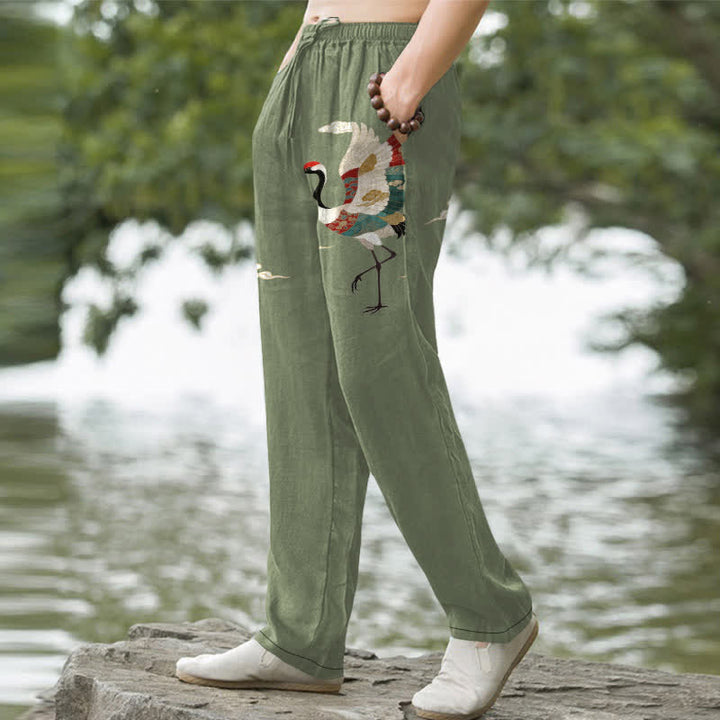 Buddha Stones Pantalones de hombre de algodón blanco con estampado de grullas y olas, corte cónico y bolsillos. - image 7