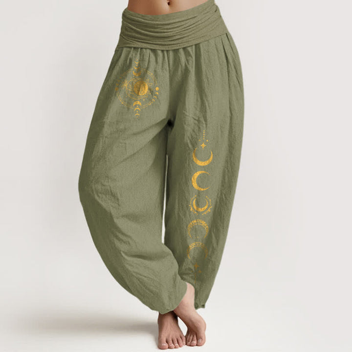 Buddha Stones Pantalones harem de mujer con cintura elástica y estampado de fases lunares doradas, de algodón puro. - Verde oliva - US16，UK/AU20，EU48 (3XL) - image 11