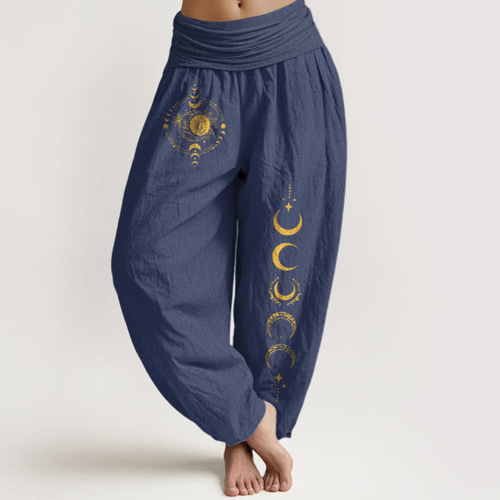 Buddha Stones Pantalones harem de mujer con cintura elástica y estampado de fases lunares doradas, de algodón puro. - Azul pizarra oscuro - US16，UK/AU20，EU48 (3XL) - image 8