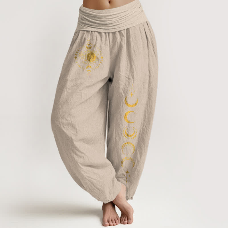 Buddha Stones Pantalones harem de mujer con cintura elástica y estampado de fases lunares doradas, de algodón puro. - Broncearse - US16，UK/AU20，EU48 (3XL) - image 14