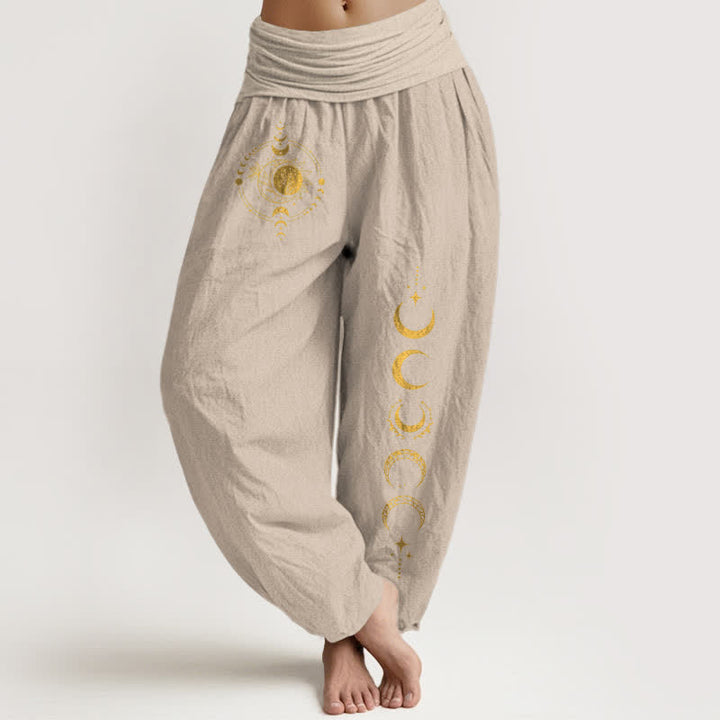 Buddha Stones Pantalones harem de mujer con cintura elástica y estampado de fases lunares doradas, de algodón puro. - Broncearse - US16，UK/AU20，EU48 (3XL) - image 14