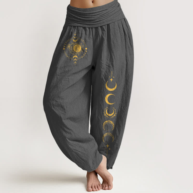 Buddha Stones Pantalones harem de mujer con cintura elástica y estampado de fases lunares doradas, de algodón puro. - Gris oscuro - US16，UK/AU20，EU48 (3XL) - image 5