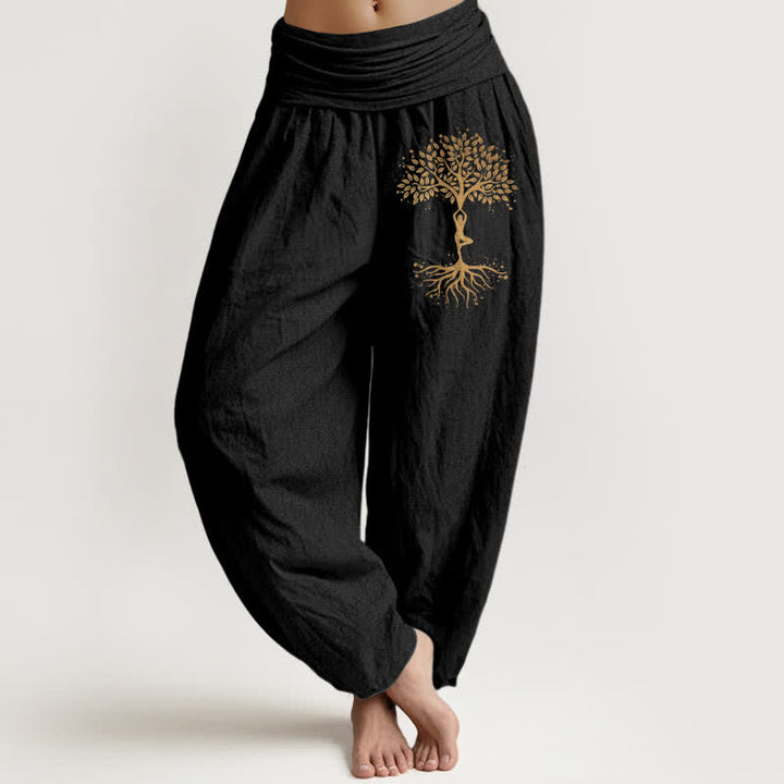 Buddha Stones Pantalones harem de mujer con cintura elástica y estampado del Árbol de la Vida Dorado, de algodón puro. - Negro - US16，UK/AU20，EU48 (3XL) - image 0