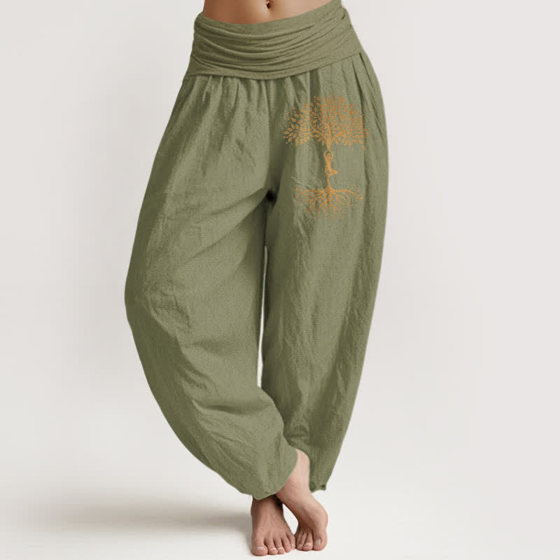 Buddha Stones Pantalones harem de mujer con cintura elástica y estampado del Árbol de la Vida Dorado, de algodón puro. - Verde oliva - US16，UK/AU20，EU48 (3XL) - image 11
