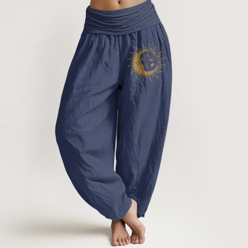 Buddha Stones Pantalones harem de algodón puro con estampado de sol y luna dorados para mujer con cintura elástica. - Azul pizarra oscuro - US16，UK/AU20，EU48 (3XL) - image 8