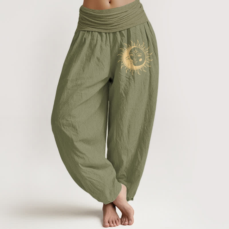 Buddha Stones Pantalones harem de algodón puro con estampado de sol y luna dorados para mujer con cintura elástica. - Verde oliva - US16，UK/AU20，EU48 (3XL) - image 11