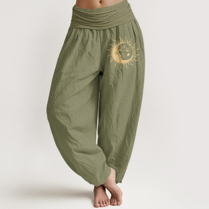 Buddha Stones Pantalones harem de algodón puro con estampado de sol y luna dorados para mujer con cintura elástica. - Verde oliva - US16，UK/AU20，EU48 (3XL) - image 11