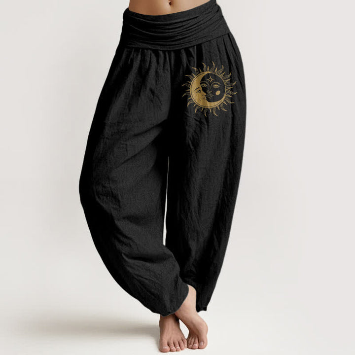 Buddha Stones Pantalones harem de algodón puro con estampado de sol y luna dorados para mujer con cintura elástica. - Negro - US16，UK/AU20，EU48 (3XL) - image 0