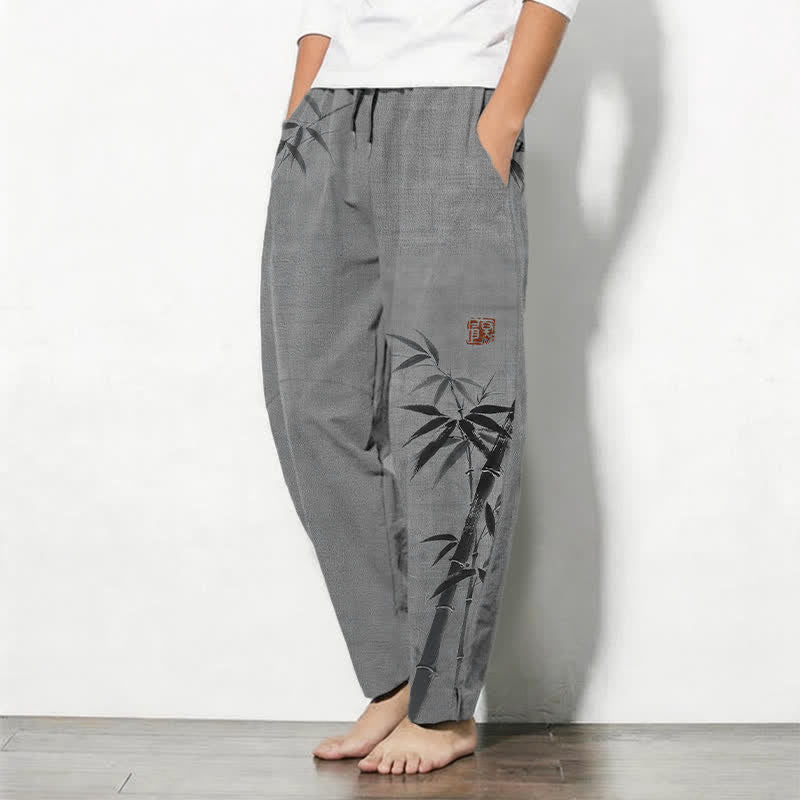 Buddha Stones Pantalones de hombre de algodón puro con estampado de bambú, cordón ajustable y corte cónico, con bolsillos. - image 1