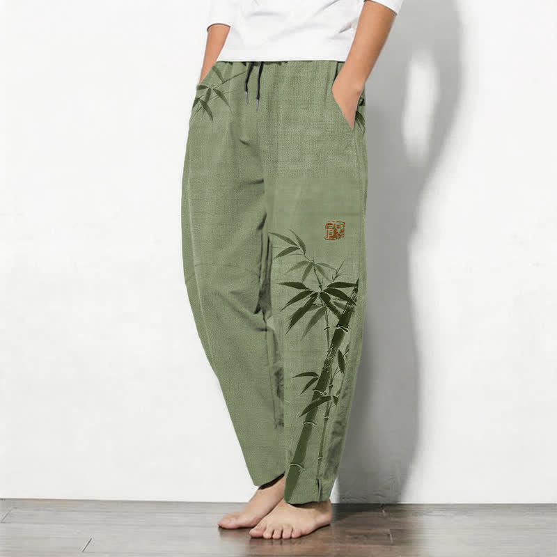 Buddha Stones Pantalones de hombre de algodón puro con estampado de bambú, cordón ajustable y corte cónico, con bolsillos. - image 8