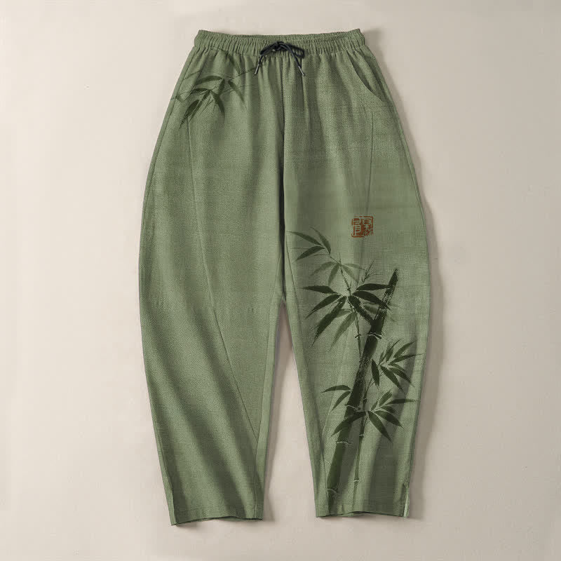 Buddha Stones Pantalones de hombre de algodón puro con estampado de bambú, cordón ajustable y corte cónico, con bolsillos. - image 9