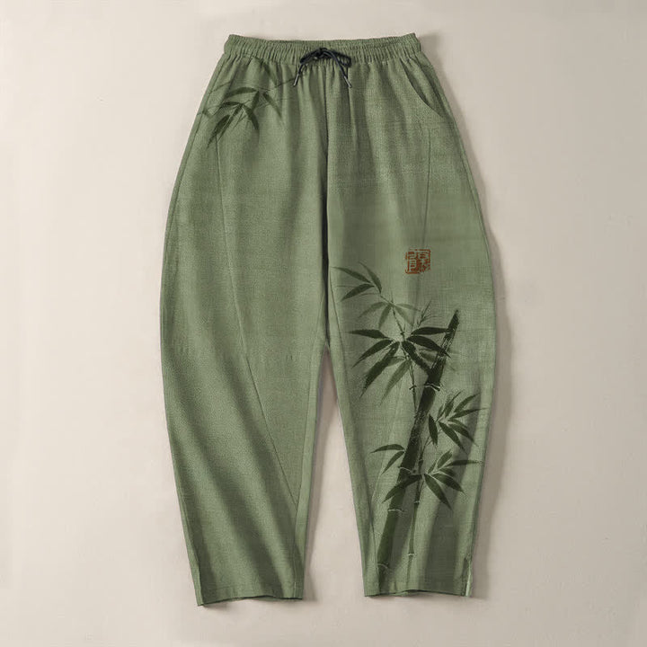 Buddha Stones Pantalones de hombre de algodón puro con estampado de bambú, cordón ajustable y corte cónico, con bolsillos. - image 9