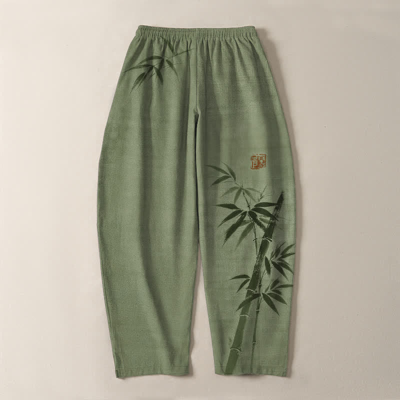 Buddha Stones Pantalones de hombre de algodón puro con estampado de bambú, cordón ajustable y corte cónico, con bolsillos. - image 10