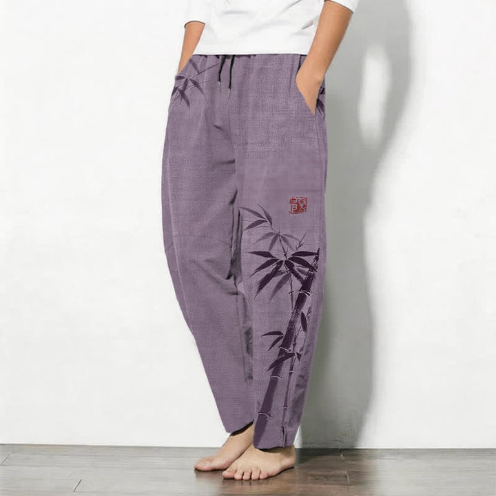 Buddha Stones Pantalones de hombre de algodón puro con estampado de bambú, cordón ajustable y corte cónico, con bolsillos. - image 12