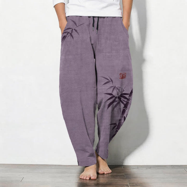 Buddha Stones Pantalones de hombre de algodón puro con estampado de bambú, cordón ajustable y corte cónico, con bolsillos. - Cardo - US/UK/AU50, EU60 (5XL) - image 11