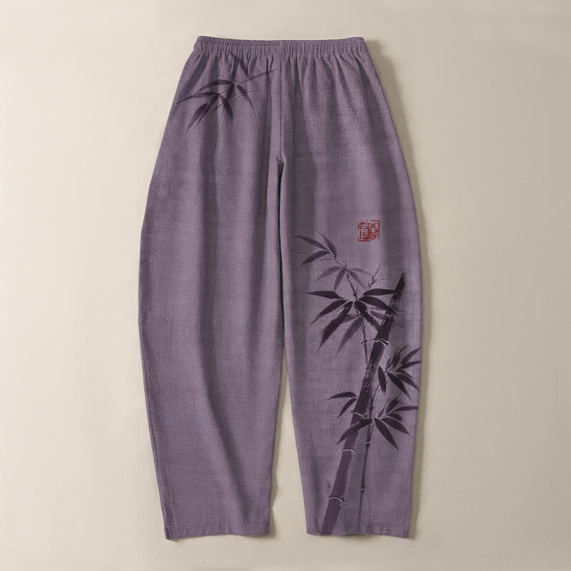 Buddha Stones Pantalones de hombre de algodón puro con estampado de bambú, cordón ajustable y corte cónico, con bolsillos. - image 14