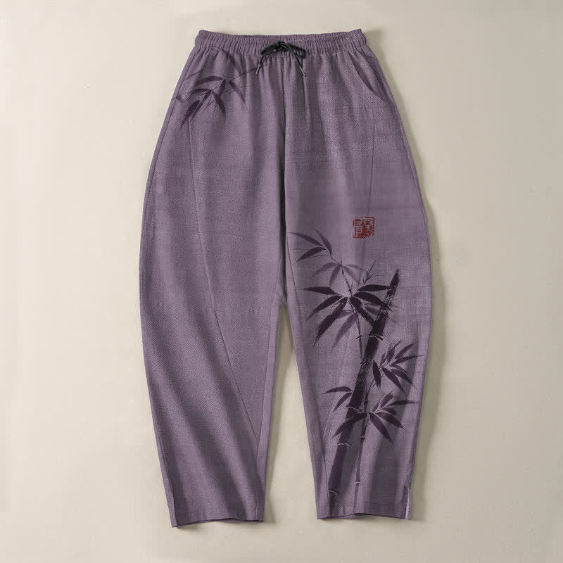 Buddha Stones Pantalones de hombre de algodón puro con estampado de bambú, cordón ajustable y corte cónico, con bolsillos. - image 13