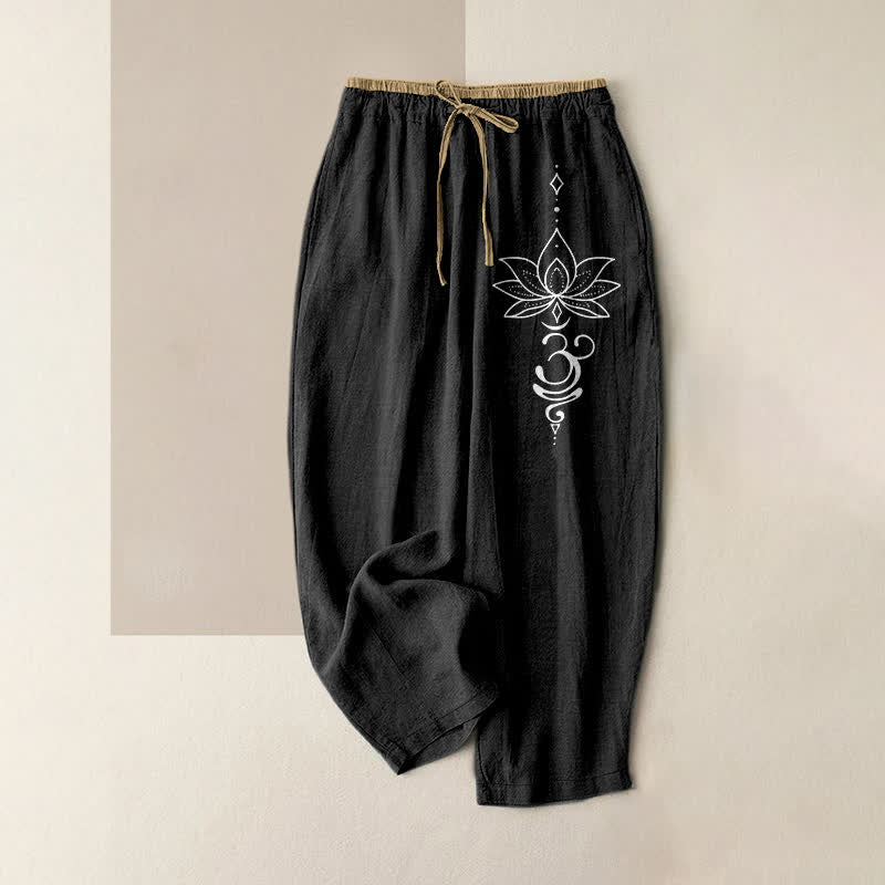 Buddha Stones Pantalones de mujer de algodón puro con estampado Zen Lotus Om, cintura elástica y bolsillos. - Negro - US16，UK/AU20，EU48 (3XL) - image 0