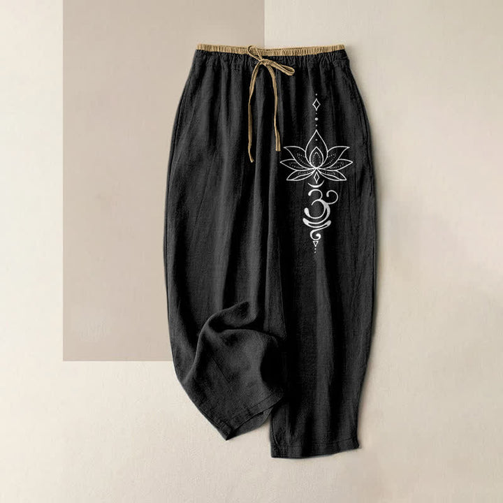 Buddha Stones Pantalones de mujer de algodón puro con estampado Zen Lotus Om, cintura elástica y bolsillos. - Negro - US16，UK/AU20，EU48 (3XL) - image 0