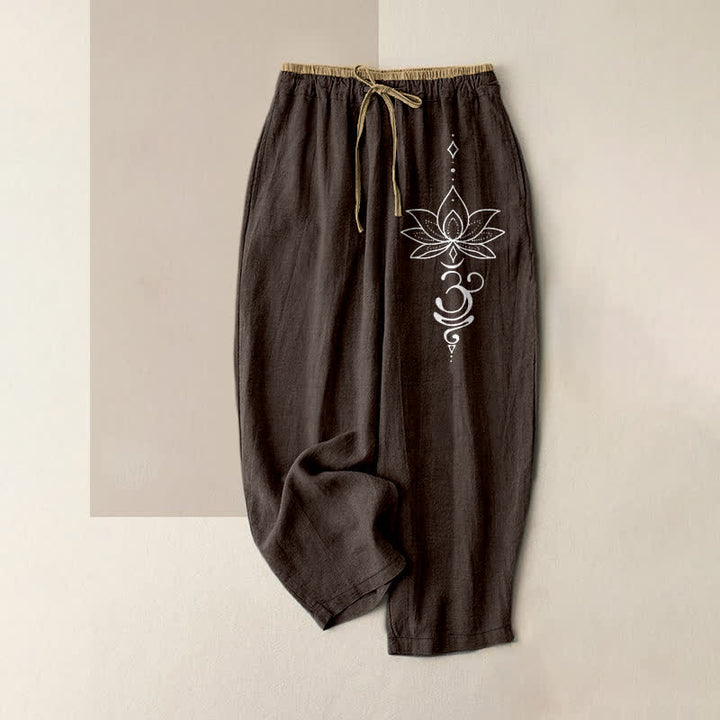 Buddha Stones Pantalones de mujer de algodón puro con estampado Zen Lotus Om, cintura elástica y bolsillos. - Marrón silla de montar - US16，UK/AU20，EU48 (3XL) - image 4