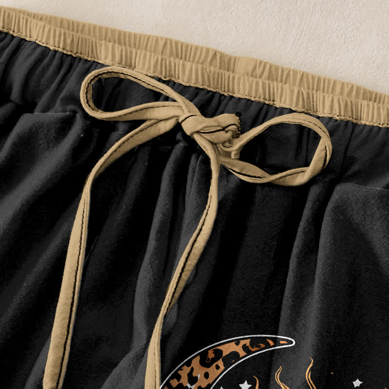 Buddha Stones Pantalones de mujer de algodón puro con estampado de sol y luna celestiales, cintura elástica y bolsillos. - image 1