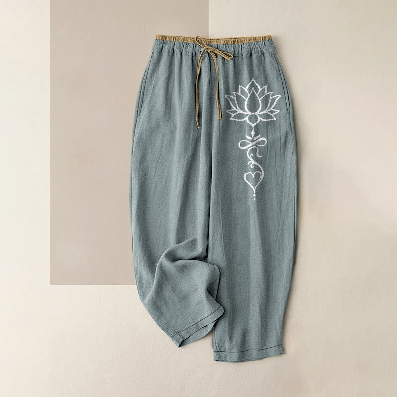 Buddha Stones Pantalones de mujer de algodón puro con estampado de loto blanco y cintura elástica con bolsillos. - azul claro - US16，UK/AU20，EU48 (3XL) - image 8