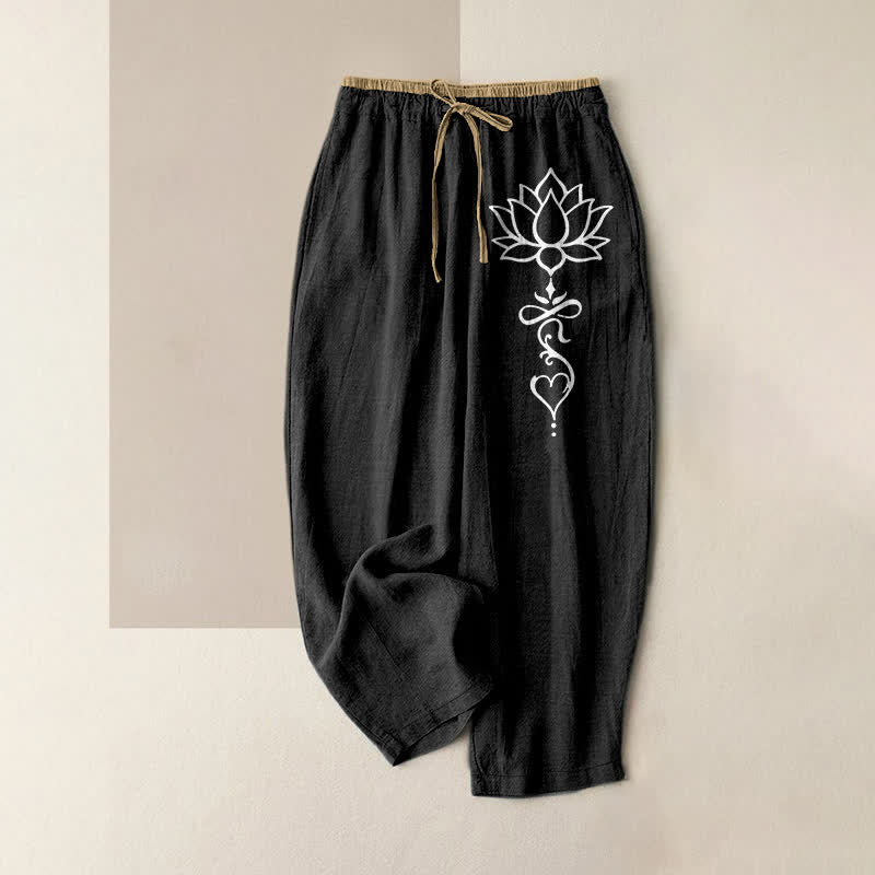 Buddha Stones Pantalones de mujer de algodón puro con estampado de loto blanco y cintura elástica con bolsillos. - Negro - US16，UK/AU20，EU48 (3XL) - image 0