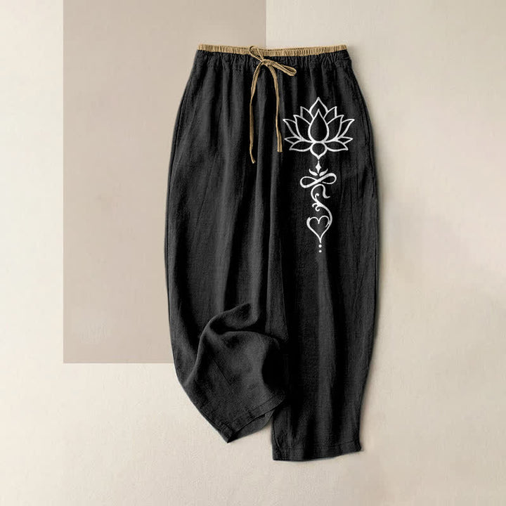 Buddha Stones Pantalones de mujer de algodón puro con estampado de loto blanco y cintura elástica con bolsillos. - Negro - US16，UK/AU20，EU48 (3XL) - image 0