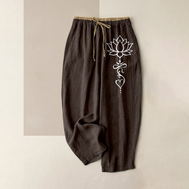 Buddha Stones Pantalones de mujer de algodón puro con estampado de loto blanco y cintura elástica con bolsillos. - Marrón silla de montar - US16，UK/AU20，EU48 (3XL) - image 4