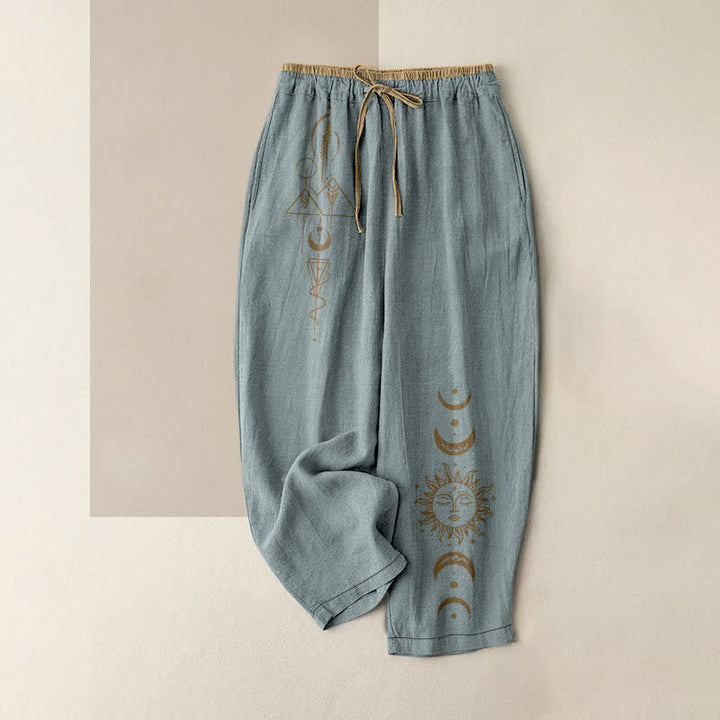 Buddha Stones Pantalones de mujer de algodón puro con estampado de sol y luna celestiales, cintura elástica y bolsillos. - Azul claro - US16，UK/AU20，EU48 (3XL) - image 8