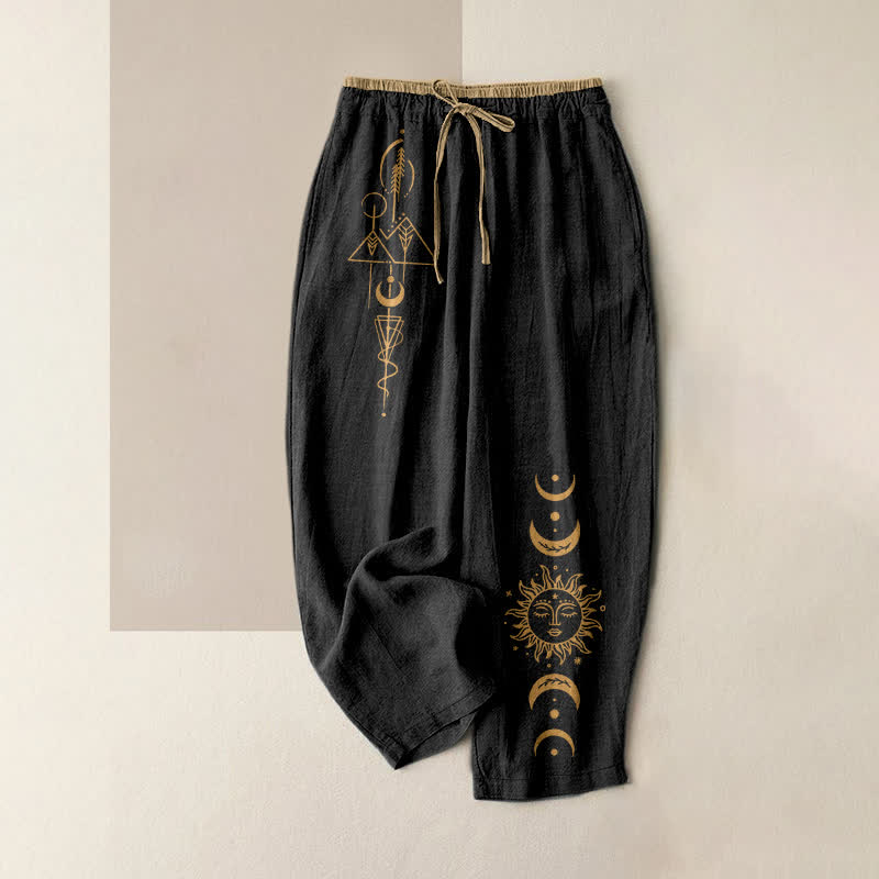 Buddha Stones Pantalones de mujer de algodón puro con estampado de sol y luna celestiales, cintura elástica y bolsillos. - Negro - US16，UK/AU20，EU48 (3XL) - image 0