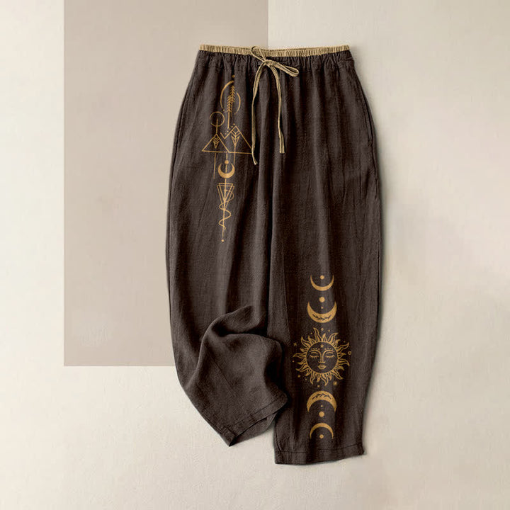 Buddha Stones Pantalones de mujer de algodón puro con estampado de sol y luna celestiales, cintura elástica y bolsillos. - Marrón silla de montar - US16，UK/AU20，EU48 (3XL) - image 4