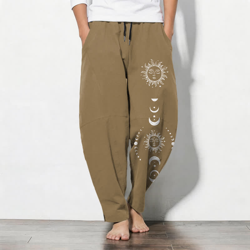Buddha Stones Pantalones de hombre de algodón puro con estampado de fases lunares y cordón ajustable, corte cónico y bolsillos. - Perú - US/UK/AU50, EU60 (5XL) - image 7